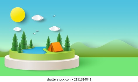 Estilo de arte de papel de fondo de camping en el bosque de verano. Campo sobre diseño vectorial del río 3d sobre banner de montaña. Cartel de viaje. Aventura por la naturaleza