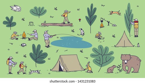 Summer forest camping. People or tourists living in tent, cooking and eating food outdoor. Flat cartoon colorful vector illustration. Wild nature scout survival lessons.