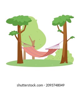 Summer forest campsite with canvas hammock, flat vector illustration isolated on white background. Hammock bed suspended by cords between trees in forest.