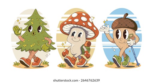 Summer forest characters in retro hiking style. Cute mushroom, acorn, pine tree with shoes, backpack, and walking stick. Funky nature friends vector set