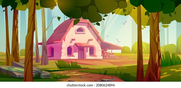 Summer forest with country house. Forester cottage with woodpile. Vector cartoon illustration of woods landscape with trees, green grass, path and farmhouse