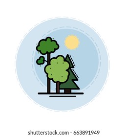 Summer forest flat icon with sun. Simple trees and bushes.