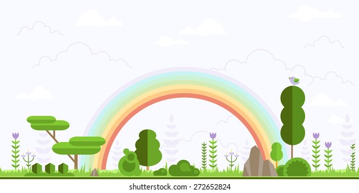 Summer forest flat panorama background with rainbow, after the rain. Simple and cute landscape for app, web, game design.