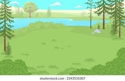 Summer forest glade landscape with lake, green trees and lash glass on shore. Vector cartoon illustration of nature panorama with river and fir spruce on background
