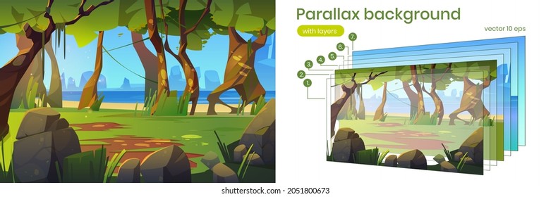 Summer forest with glade, stones, trees and beach of lake or sea. Vector parallax background with layers with cartoon jungle landscape with river, rocks, green trees and grass