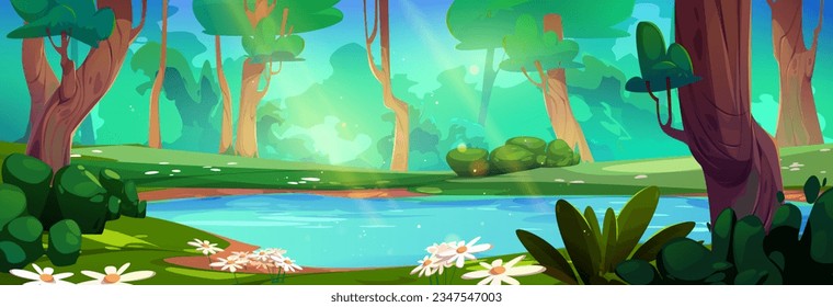 Summer forest lake landscape background scene. Green grass valley panorama drawing. Illustrated picture of beautiful chamomile flower on river shore with sunlight ray outside environment to travel