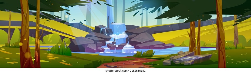 Summer forest landscape with cascade waterfall. Vector cartoon illustration of nature panorama with water stream falls off stones, lake, green trees, grass and path