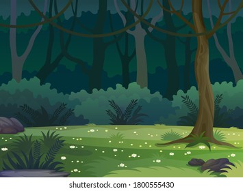 Summer forest landscape. Dark deep forest landscape with lush trees.