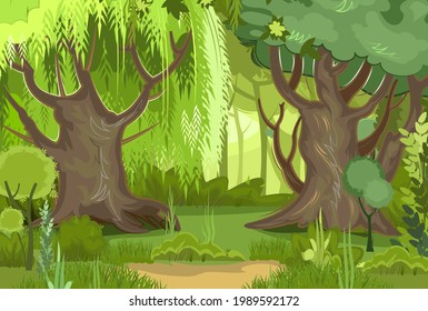 Summer forest landscape. Dense foliage, shrubs and a clearing at the edge. Nature illustration. Light foggy thickets. View of green trees. Cartoon flat style. Vector
