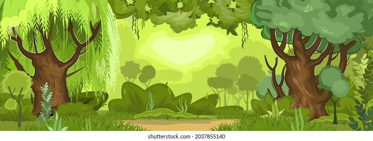 Summer forest landscape. Dense foliage, shrubs and a clearing at the edge. Light foggy thickets. View of green trees. Nature illustration. Cartoon flat style. Vector.