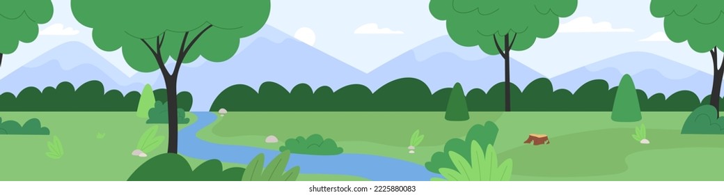 Paisaje forestal de verano, costa y árbol de praderas verdes. Caminando por las aventuras. Fondo de naturaleza vectorial, cartel de dibujos animados de las montañas