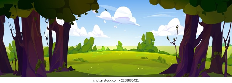 Paisaje forestal de verano con árboles verdes, arbustos, hierba. Paisaje de parque natural, panorama de campo con árboles y prados en días soleados, cielo azul con nubes blancas vectorial ilustración de dibujos animados