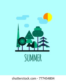 Summer forest landscape. Green trees, spruce, clouds, sun. Vector illustration in flat style