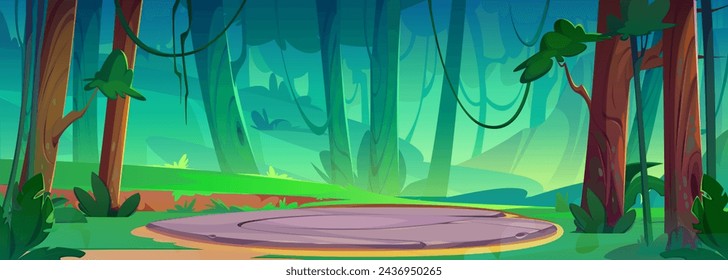 Paisaje de bosque de verano con suelo o lugar de piedra para acampar. Plataforma de portal de juegos mágicos para la reubicación de niveles. Vector de dibujos animados paisaje de campo con árboles verdes y hierba, área de telepuerto redondo.