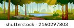 Summer forest landscape with lake on glade, trees and path. Vector cartoon illustration of nature panorama with pond, green grass and bushes on shore, stones and sunlight rays