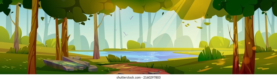 Summer forest landscape with lake on glade, trees and path. Vector cartoon illustration of nature panorama with pond, green grass and bushes on shore, stones and sunlight rays