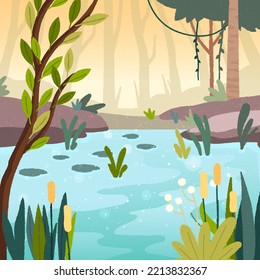 Summer forest landscape with lake on glade, Nature panorama with pond and trees, Green grass and bushes on shore, Stones and sunlight rays. Landing page. Hand drawn style. Trendy vector illustration.