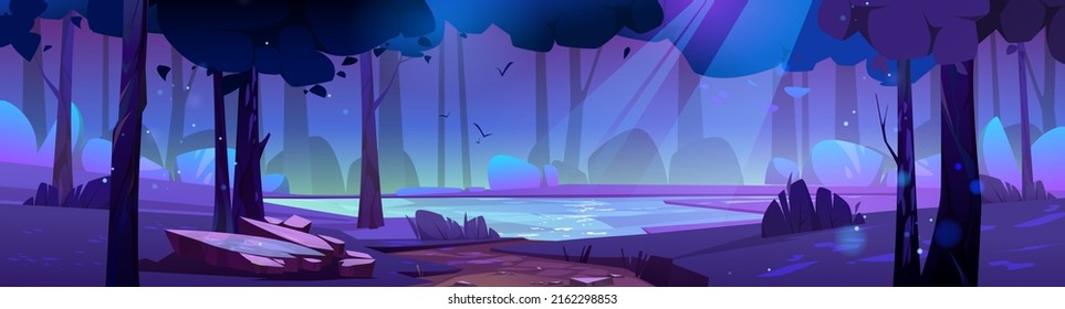 Summer forest landscape with lake and path in moonlight. Vector cartoon illustration of night nature scene with pond on glade, grass, trees and bushes on shore