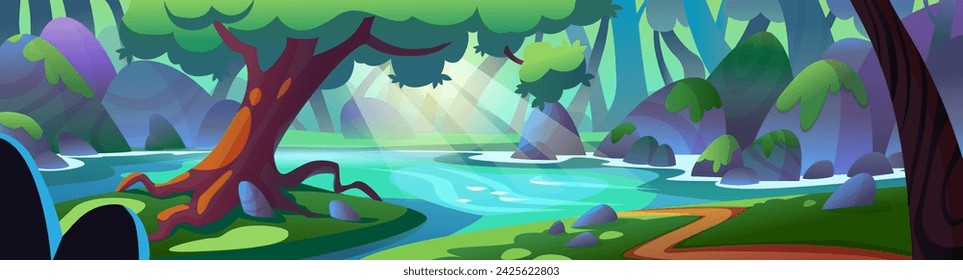 Paisaje de bosque de verano con lago o río, piedras y árboles en la orilla, rayos de sol. Escenario de vector de dibujos animados con agua en el estanque o arroyo, hierba verde y bosques, camino de tierra en el día soleado.