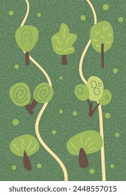 Summer forest landscape nature background. Abstract banner template with trees. Card with nature environment decoration. Vector textured flat illustration
