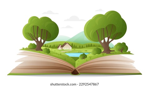 Summer forest landscape on paper pages of open book vector illustration. Cartoon magic spring nature with trees and mountains, water of lake and cute family house, fantasy adventure in storybook