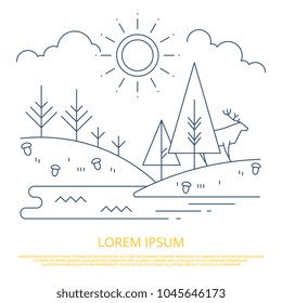 Summer forest landscape outline design - nature line background. Vector illustration