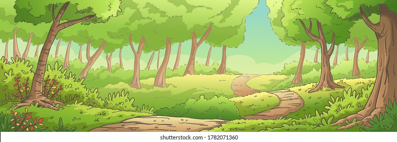 El paisaje de los bosques de verano, el panorama. Ilustración vectorial dibujada a mano con capas separadas.