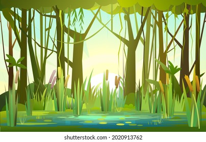 Summer forest landscape with a pond. Bank of a river or lake. Morning sunrise. Trees and thickets. Swamp illustration. Flat style. Jungle in the rainforest. Water waves. Vector