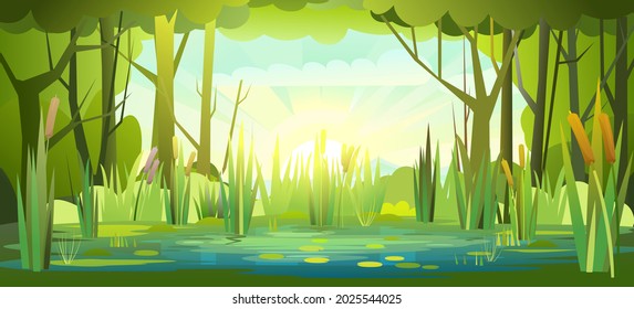 Summer forest landscape with a pond. Bank of a river or lake. Morning sunrise. Trees and thickets. Sky with clouds. Swamp illustration. Flat style. Water waves. Vector