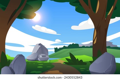 Summer forest landscape with rocks among trees, flat vector illustration. Game scenery or forest landscape background with mossy hills and grey stones.