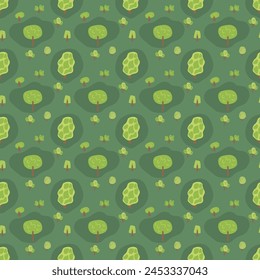 Summer forest landscape seamless pattern. Trees meadow endless background. Park repeat cover. Nature environment loop ornament. Vector flat hand drawn illustration.