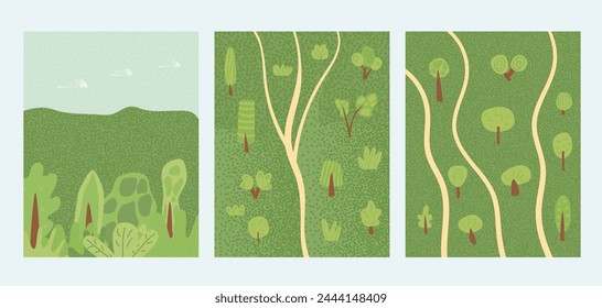 Paisaje del bosque de verano fondo de la naturaleza. Plantilla de banner abstracto con colección de árboles. Tarjeta con decoración de ambiente de naturaleza. Ilustración plana con textura vectorial