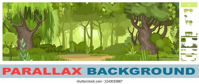 Summer forest landscape. Set for parallax effect. Dense foliage, shrubs and a clearing at the edge. Nature illustration. Light foggy thickets. View of green trees. Cartoon flat style. Vector.