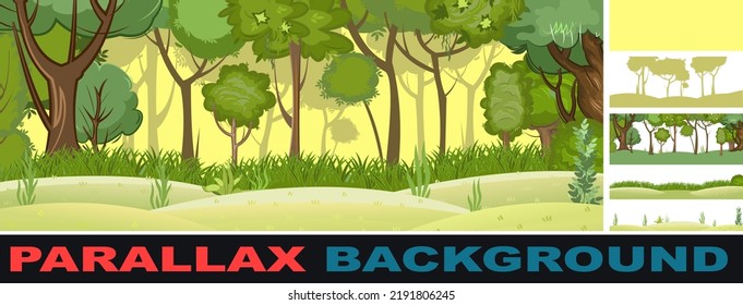 Summer forest landscape. Set parallax effect. Nature illustration. Dense foliage, shrubs and clearing at edge. Light foggy thickets. View of green trees. Cartoon flat style. Seamless composition