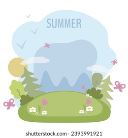 Summer forest landscape in simple flat style. Vector illustration for children's books, cards, magnets, stickers.