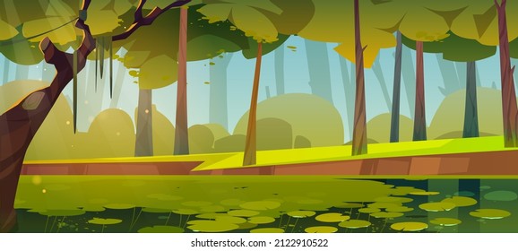 Summer forest landscape with swamp. Vector cartoon illustration of pond with water lilies, green grass and trees. Natural park, garden or deep woods with lake