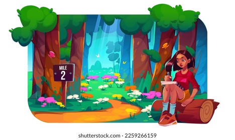 Summer forest landscape with trees, path and girl with notebook. Nature scenery of park with flowers, butterflies, road and young beautiful woman, vector cartoon illustration