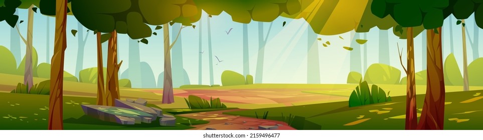 Summer forest landscape with trees in sun beam and path. Vector cartoon illustration of nature panorama with green grass and bushes, stones and sunlight rays