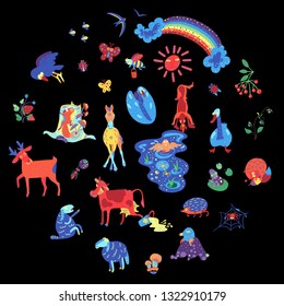 Summer forest and meadow animals and plants set. Children books and color books illustrations. Templates for wall-painting.