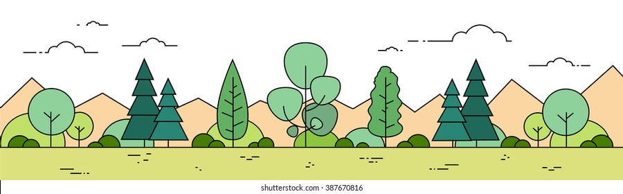 Summer Forest Mountain Landscape View Thin Line Banner Vector Illustration