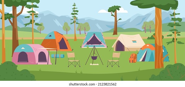 Bosque de verano o camping turístico de montaña o camping con carpas y chimenea, ilustración vectorial de caricatura plana. Los mochileros de verano acampan de fondo.