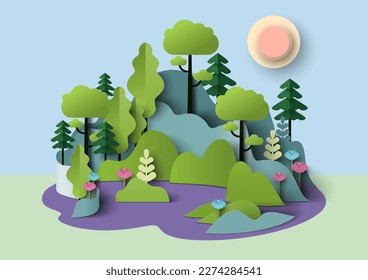 Summer forest nature landscape vector illustration. Woodland natural background paper cut origami style. Save the world with ecology and environment conservation concept