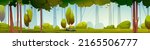 Summer forest panorama with trees and green grass on glade. Vector cartoon illustration of deep woods, nature park or garden landscape with green plants, bushes, stones and sunlight