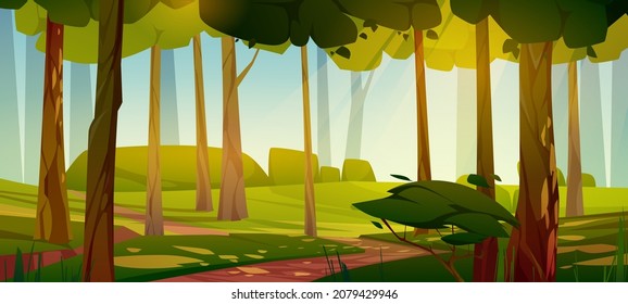Summer forest with path, green grass, bushes and leaves on trees. Nature scene of garden or natural park in daylight. Vector cartoon illustration of beautiful woods landscape with trail
