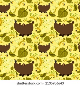 Summer Forest pattern with cute bears, bees, linden leaves and flowers. Seamless pattern for fabric, paper and other printing and web projects.