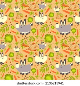 Summer forest pattern with cute hares, carrots, cabbages, rowan leaves and fruits. Seamless pattern for fabric, paper and other printing and web projects.