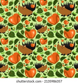 Summer Forest pattern with cute hedgehogs, caterpillars, beetles, apples and apple tree leaves. Seamless pattern for fabric, paper and other printing and web projects.