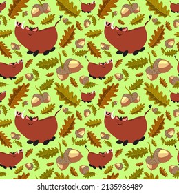 Summer Forest pattern with cute wild boars, acorns and oak leaves. Seamless pattern for fabric, paper and other printing and web projects.