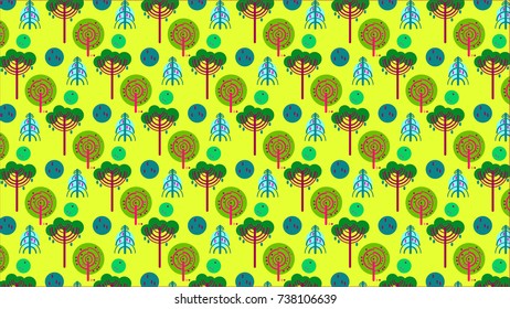 Summer forest pattern with light green leaf tree, turquoise dark Christmas tree on blue sky, dark green pine and two bushes: green and turquoise dark on light juicy yellow green background.