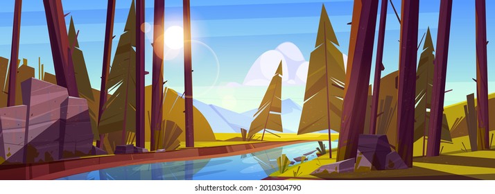 Summer forest with river and mountains